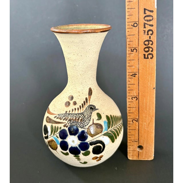 Vintage Tonala Mexico Vase – Hand-Painted Blue & Brown Floral Bird Design – Signed Rs Mexico – Folk Art Pottery For Sale In Miami - Image 6 of 6