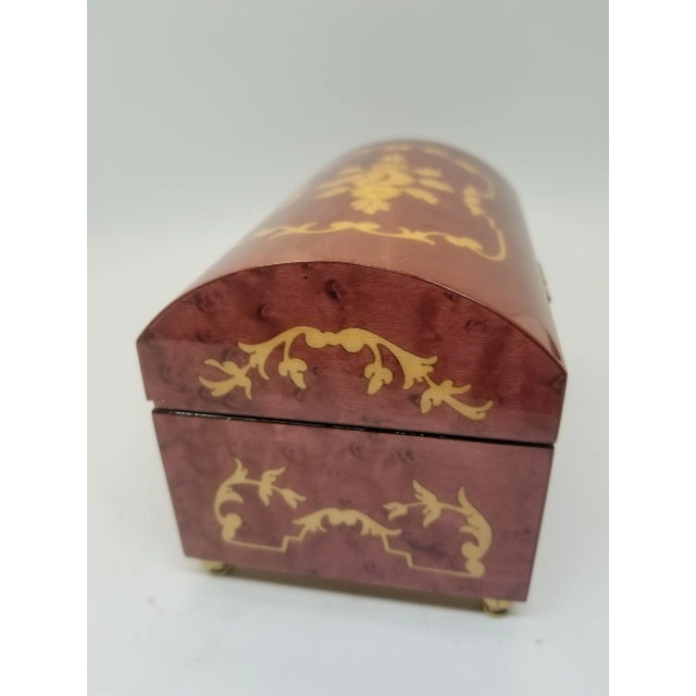 The San Francisco Music Box Italian Inlaid Burl Wood Swiss Movement Ring Jewelry Box For Sale - Image 4 of 7