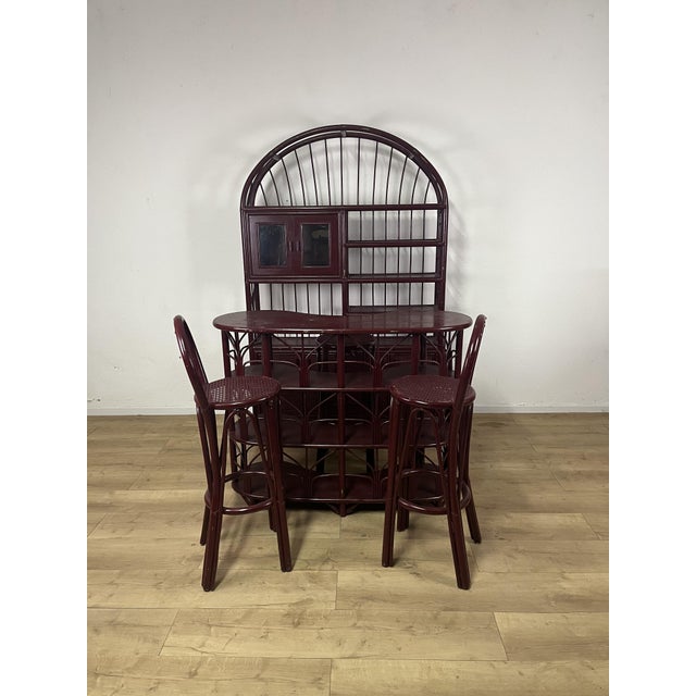 Vintage Italian Burgundy Bamboo Wicker Bar Cabinet and Stools, 1970s, Set of 5 For Sale - Image 9 of 9
