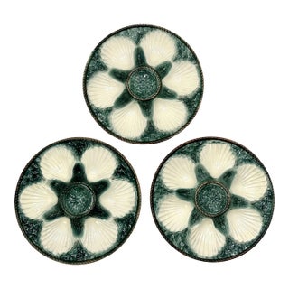 Set 3 Antique French Majolica Nautical Seashell & Basket Weave Motif Oyster Plates - Late 19th Century For Sale