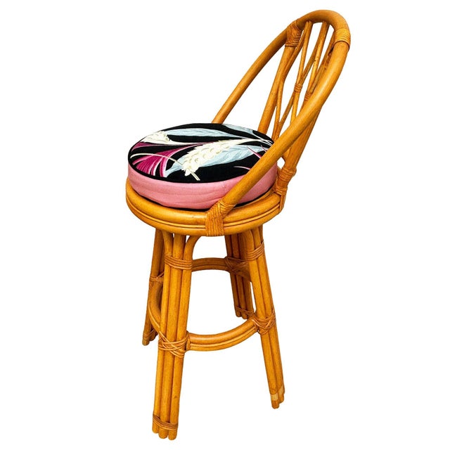 Wood 1950s Restored 3-Strand Arch Base Rattan Bar Stools W/ Woven Backrest, Pair For Sale - Image 7 of 9
