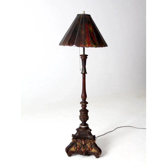 Antique Carved Wood Floor Lamp With Glass Shade For Sale - Image 11 of 11