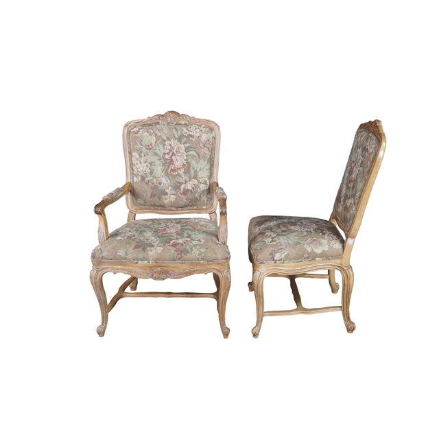 8 Vintage Drexel Heritage #372-960 Dining Chairs, Circa 1991. Features a carved walnut finish in Louis XVI styling with...