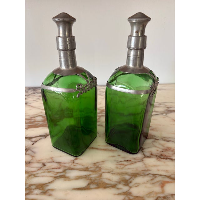 Art Deco Vintage Green Glass Decanters With Pewter Cage and Stopper - Pair For Sale - Image 3 of 9
