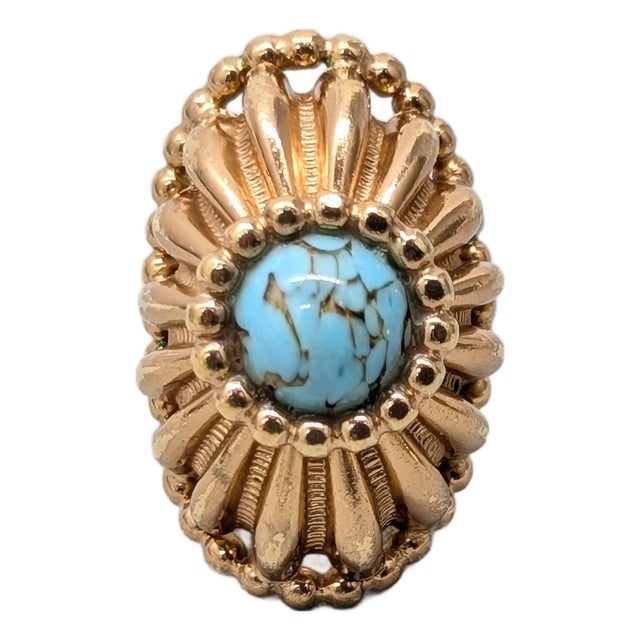 Vintage 1960s Signed Napier Goldtone Faux-Turquoise Adjustable Cocktail Ring For Sale
