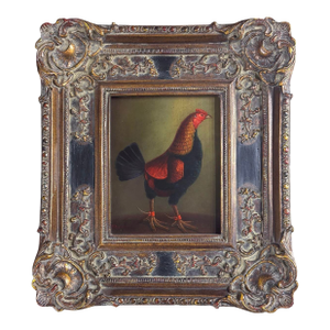 Mid 20th Century Old Master–Style Rooster Portrait Oil Painting, Ornately Framed, Signed Evans