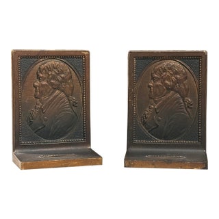 Vintage Pair of Cast Bronze Bas-Relief Thomas Jefferson Portrait Bookends For Sale