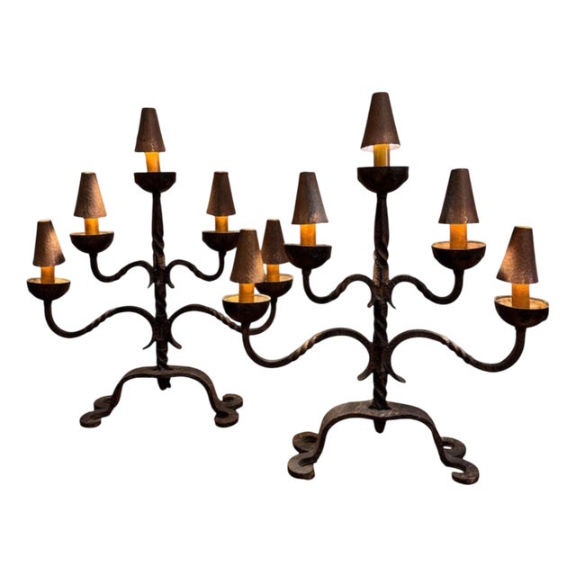French Wrought Iron Table Lamps with Copper Shades, 1940s, Set of 2 For Sale