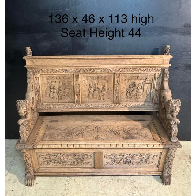 Antique French Carved Oak Bench with Tavern Scene, 1850 For Sale - Image 9 of 18