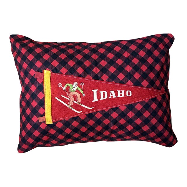 Idaho Ski Vintage Pennant on New Woven Plaid Throw Pillow For Sale