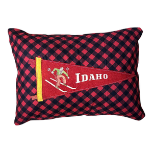 Idaho Ski Vintage Pennant on New Woven Plaid Throw Pillow