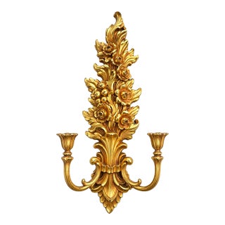 Vintage 1972 Syroco #4133 Gold Floral Wall Sconce | Hollywood Regency Candle Holder For Sale