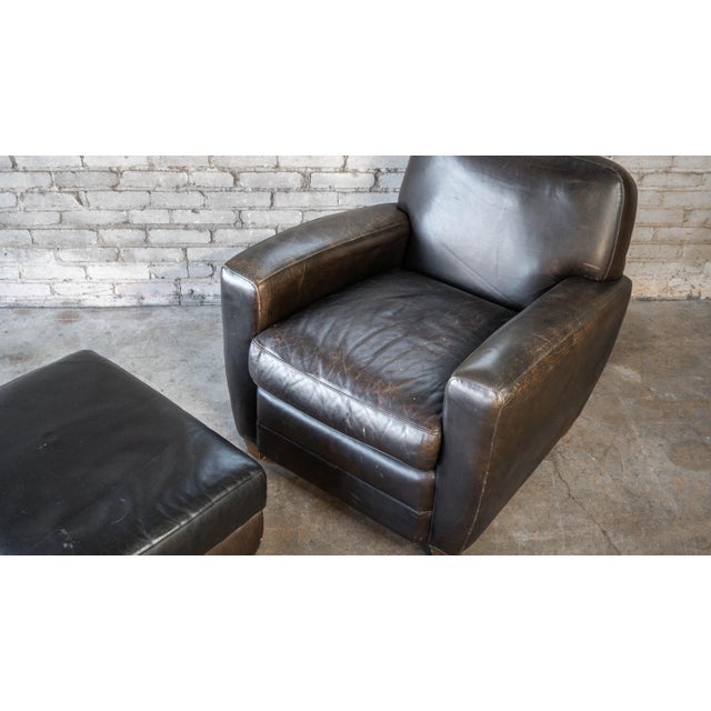Animal Skin Restoration Hardware Art Deco Black Leather Club Chair & Ottoman For Sale - Image 7 of 14