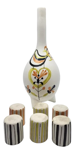 Ceramic Liqueur Service Bottle and Cups by Roger Capron for Vallauris, 1950s, Set of 7