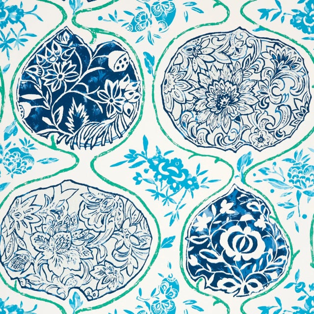 Contemporary Schumacher Katsugi Wallpaper in Cobalt & Turquoise For Sale - Image 3 of 3