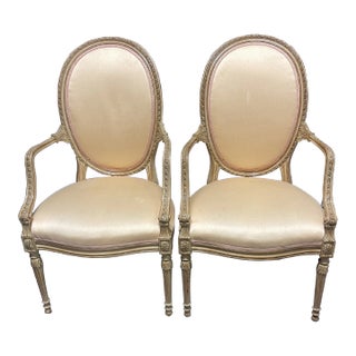 Mid 20th Century Hand Carved Italian Beechwood Oval Back Armchairs Upholstered in a Peach Fabric - a Pair For Sale