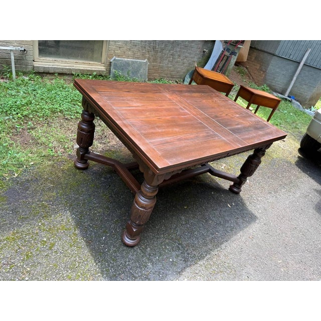 Brown Early 20th Century Antique Jacobean Style Carved Oak Draw Leaf Dining Table For Sale - Image 8 of 16