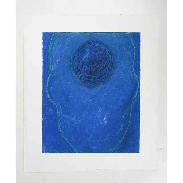 Late 20th century oil pastel on paper bright blue abstract head and sphere painting. Unsigned. Unframed, edge wear.