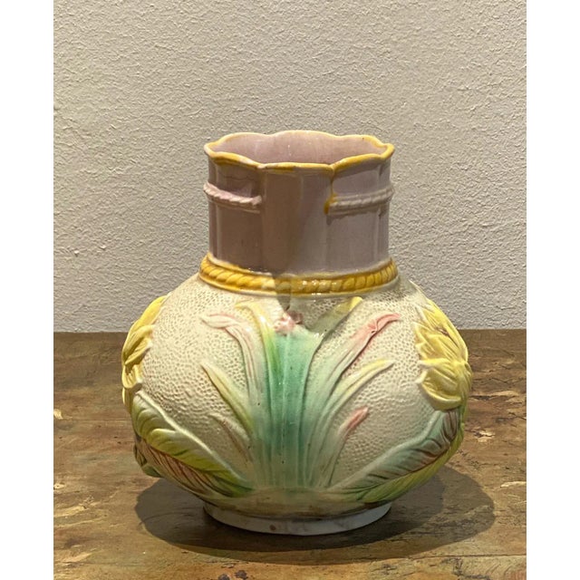 English 19th Century English Majolica Pitcher With Lotus For Sale - Image 3 of 7