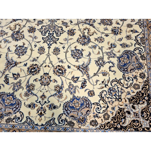 Vintage Exceptionally Fine Persian Nain Habibian Area Rug, Hand-Knotted Wool & Silk, Floral Pattern, 7x10, Ivory & Blue For Sale - Image 13 of 16
