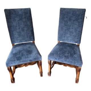 Pair of Antique-Style Side Chairs With Blue Upholstery and Carved Wood Frames For Sale