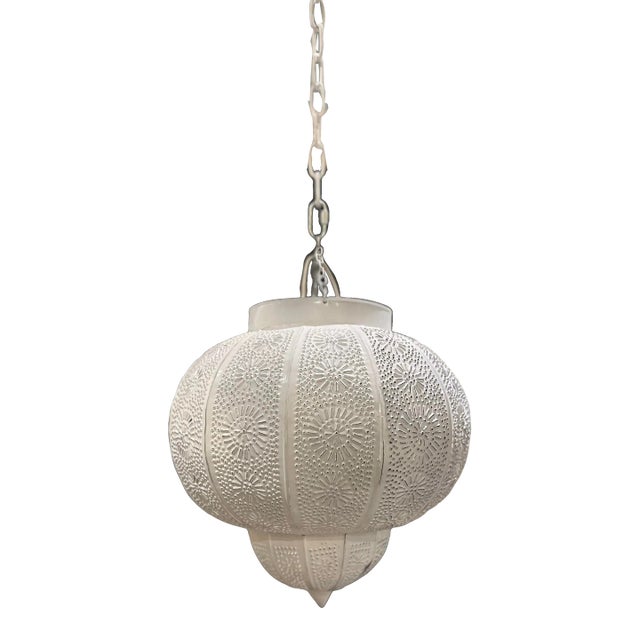 21st Century Moroccan White Painted Pierced Metal Hanging Pendant Shade For Sale