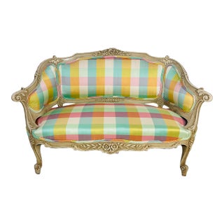 Palm Beach Style Vintage Settee Reupholstered in Silk For Sale