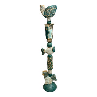 Marc Zimmerman "Associates in Teal" Glazed Ceramic Totem, 65 Inches Tall, Teal and Gold Glaze, Fish and Face Elements, Contemporary Art West Coast For Sale