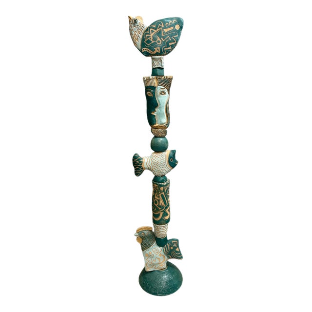 Marc Zimmerman "Associates in Teal" Glazed Ceramic Totem, 65 Inches Tall, Teal and Gold Glaze, Fish and Face Elements, Contemporary Art West Coast For Sale