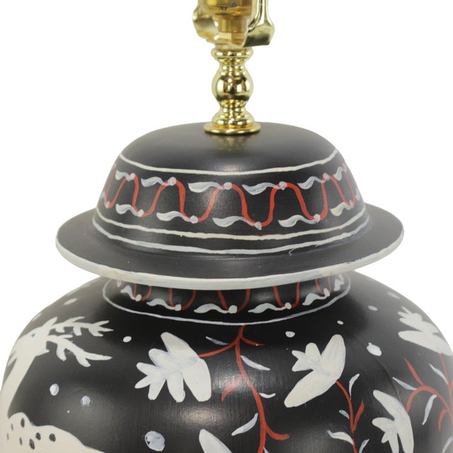 A Pair of Vintage Brunschwig & Fils Cadiz Table Lamps - Black and Cream Ceramic With Boar and Deer Motifs For Sale - Image 9 of 14