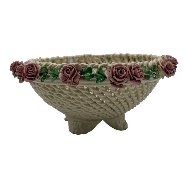 A Vintage Italian Capodimonte Woven Creamware Wedding Basket With Rose Decorations, Circa 1950's For Sale