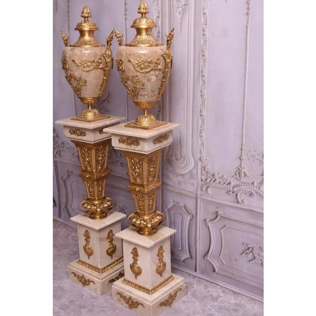 Metal Pair of Large Neoclassical Beige Marble and Ormolu Bronze Urn Amphorae With Matching Pedestals For Sale - Image 7 of 16