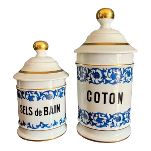 Pair of 19th Century French Apothecary Jars for Cotton and Bath Salt, Limoges Porcelain, Circa 1880