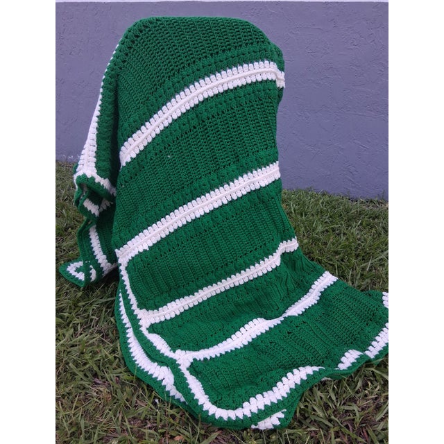 1960's Hand Knit Green/ White Blanket- Very Clean For Sale - Image 12 of 12