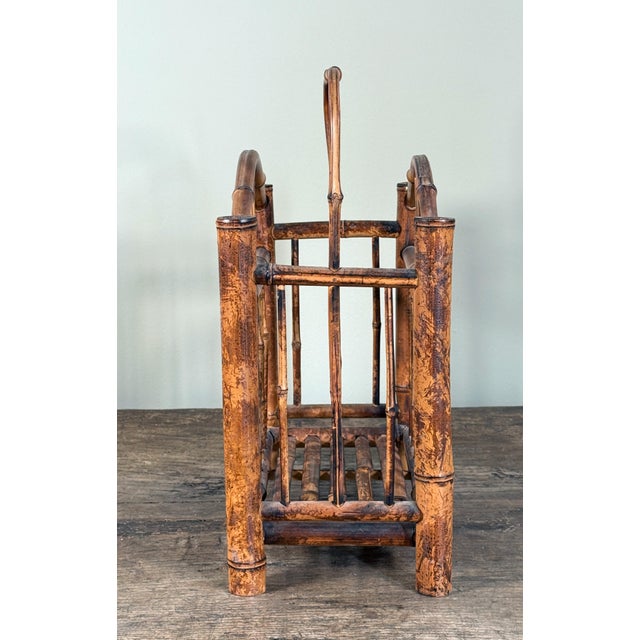 Burnt Bamboo Magazine Rack Chinoiserie Hollywood Regency Rattan Style Holder For Sale - Image 4 of 7