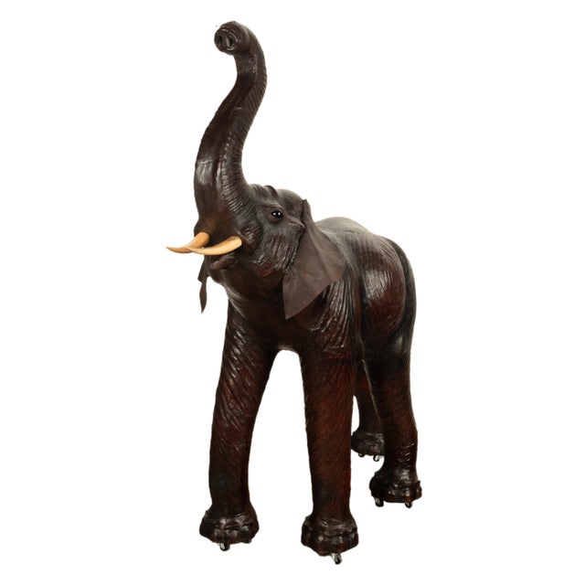 Art Deco 1930s Liberty of London Life Size Leather Baby Elephant Glass Eyes For Sale - Image 3 of 12