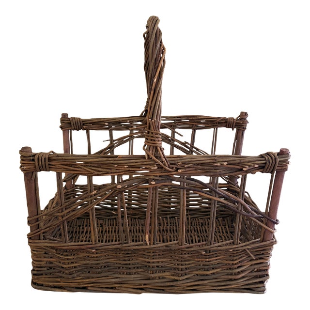 Vintage Rustic Twig Magazine Holder With Arched Handle For Sale