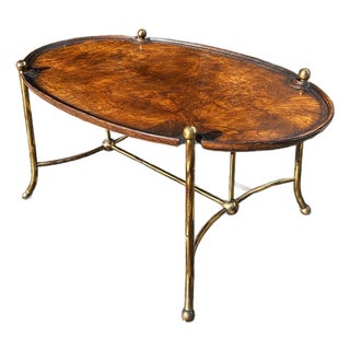 Late 20th Century Patch Burl Wood Top + Brass Base Oval Coffee Table For Sale
