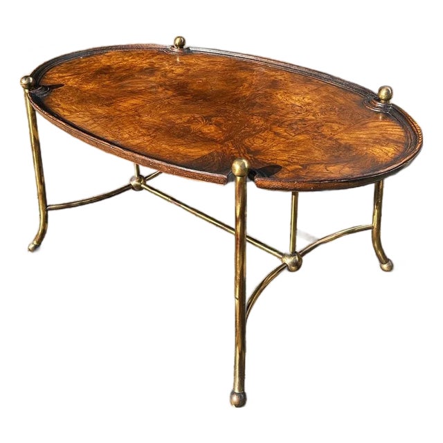 Late 20th Century Patch Burl Wood Top + Brass Base Oval Coffee Table For Sale