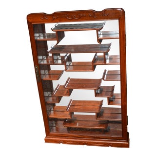 1960s Chinese Style Carved Wall Mounted Hanging Curio Cabinet Mirrored with Glass Door For Sale