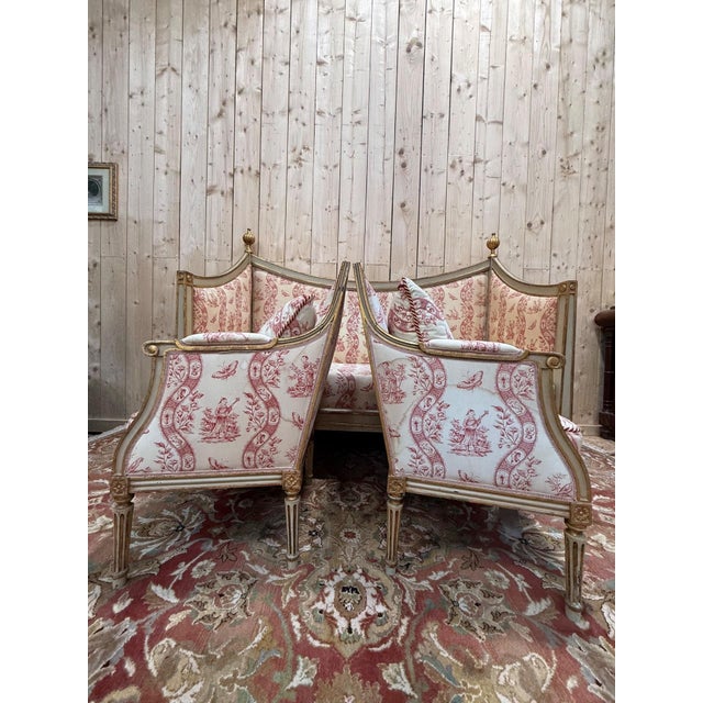 Louis XVI Living Room Sofa and Bergère Chairs in Painted Wood and Toile de Jouy, Set of 3 For Sale - Image 12 of 14