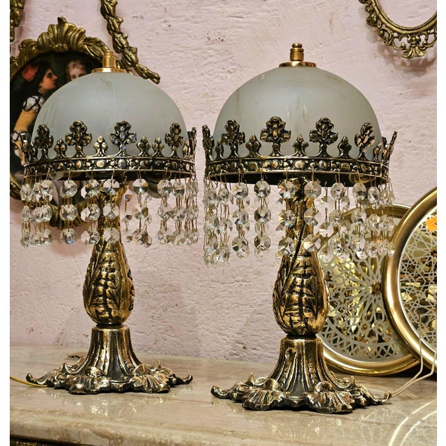 Victorian Crystal Fringe Table Lamps Set With Frosted Glass Shades & Gold and Bronze Base For Sale - Image 3 of 4