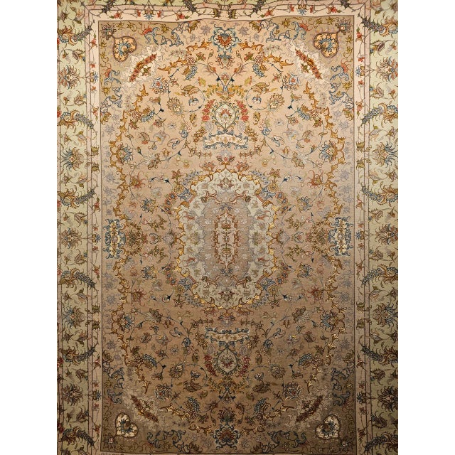 Persian Tabriz Rug, Hand-Knotted Wool & Silk, Floral Design Taupe & Pale Green, 7x10 For Sale - Image 12 of 18