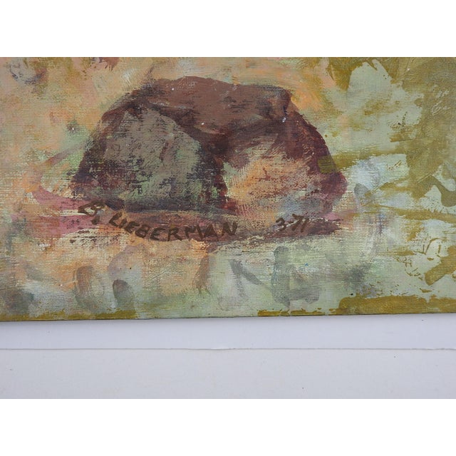 1971 impressionist oil on canvas board park landscape with bridge by Betty Lieberman Gerald (20th Century) Texas. Signed...