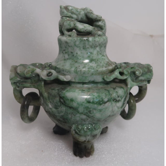 Green Vintage Chinese Jade Incense Burner, Covered, With Tripod Feet, Foo Dog Finial and Dragon Head Loose Ring Handles For Sale - Image 8 of 16