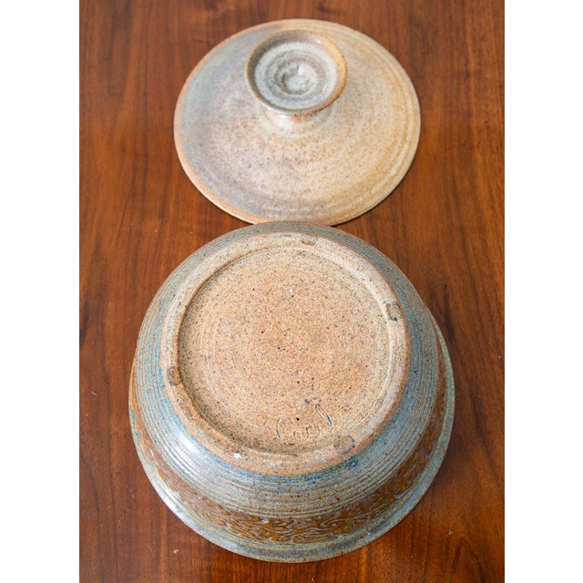 1960s Mid-Century Modern Art Pottery Lidded Bowl Ceramic Vessel Glazed Round Signed Serving Casserole For Sale - Image 4 of 11