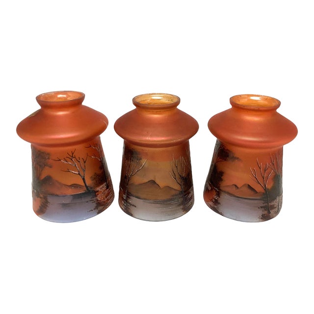 Set of 3 Hand Blown Glass Hand Painted Czechoslovakia Art Nouveau Shades For Sale