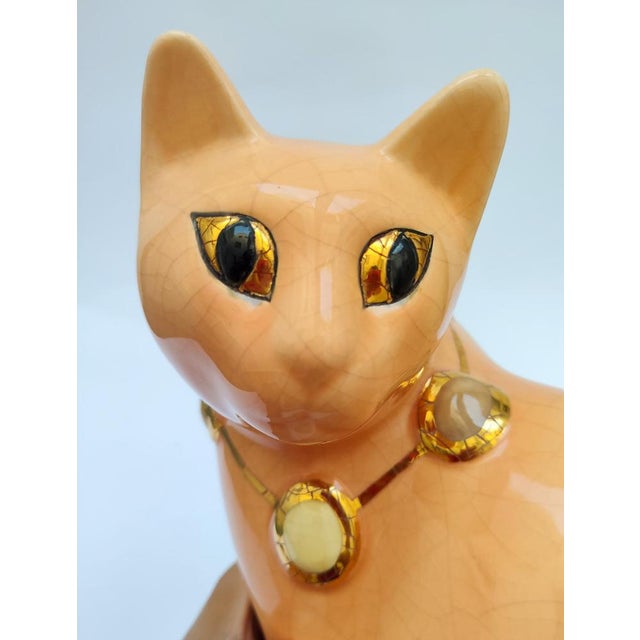 Salmon Pink Ceramic Cat with Cabochon Necklace from Longwy, 1950s For Sale - Image 6 of 11