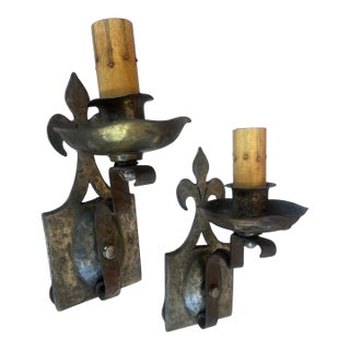 1920 Iron and Brass Lightly Hammered Sconces With Fleur De Lis - a Pair For Sale