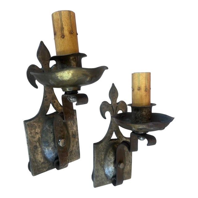 1920 Iron and Brass Lightly Hammered Sconces With Fleur De Lis - a Pair For Sale